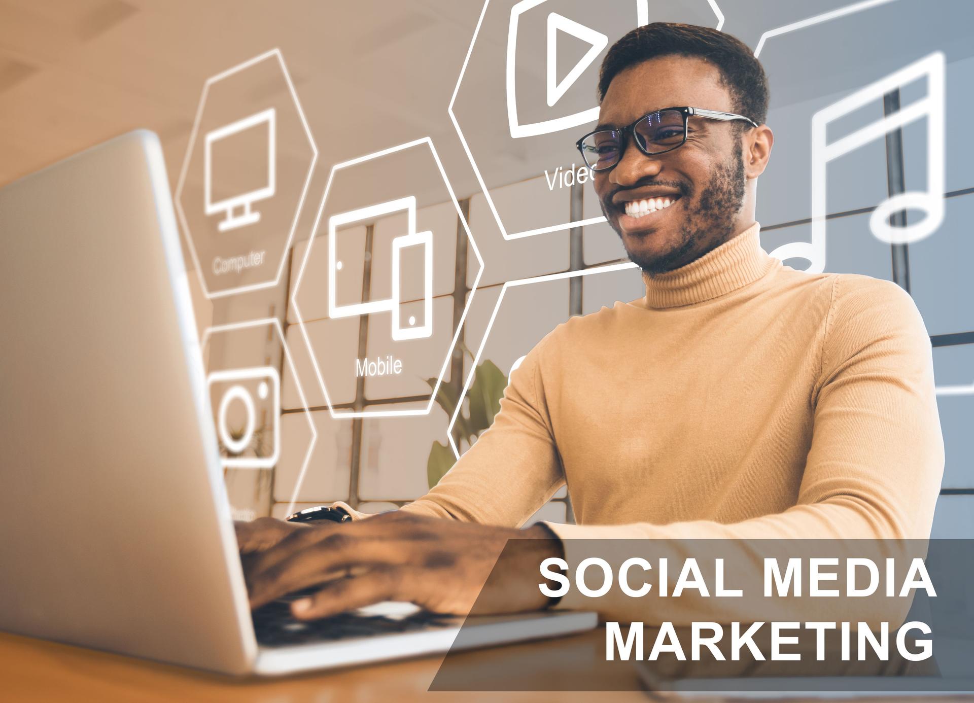 Smiling African American influencer with laptop broadcasting online. Social media marketing collage with icons