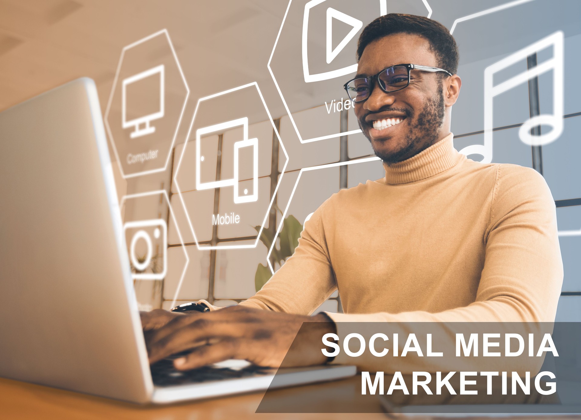Smiling African American influencer with laptop broadcasting online. Social media marketing collage with icons